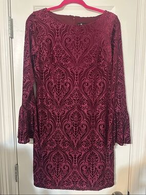 Leslie Fay Maroon Velvet Burnout Long Sleeve Dress